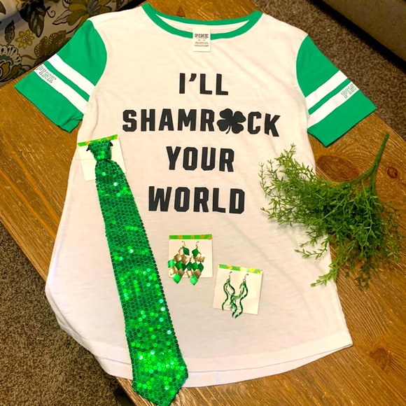 PINK Victoria's Secret Tops - Pink Victoria Secret Irish  ☘️ T-shirt W/ New Necklace Tie /2 pair earrings